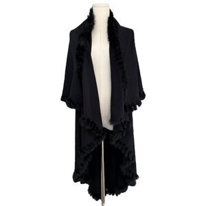 VTG 90s Rabbit Fur Trim Cape Shawl Cardigan OS Black Mob Wife Quiet Luxury Luxe